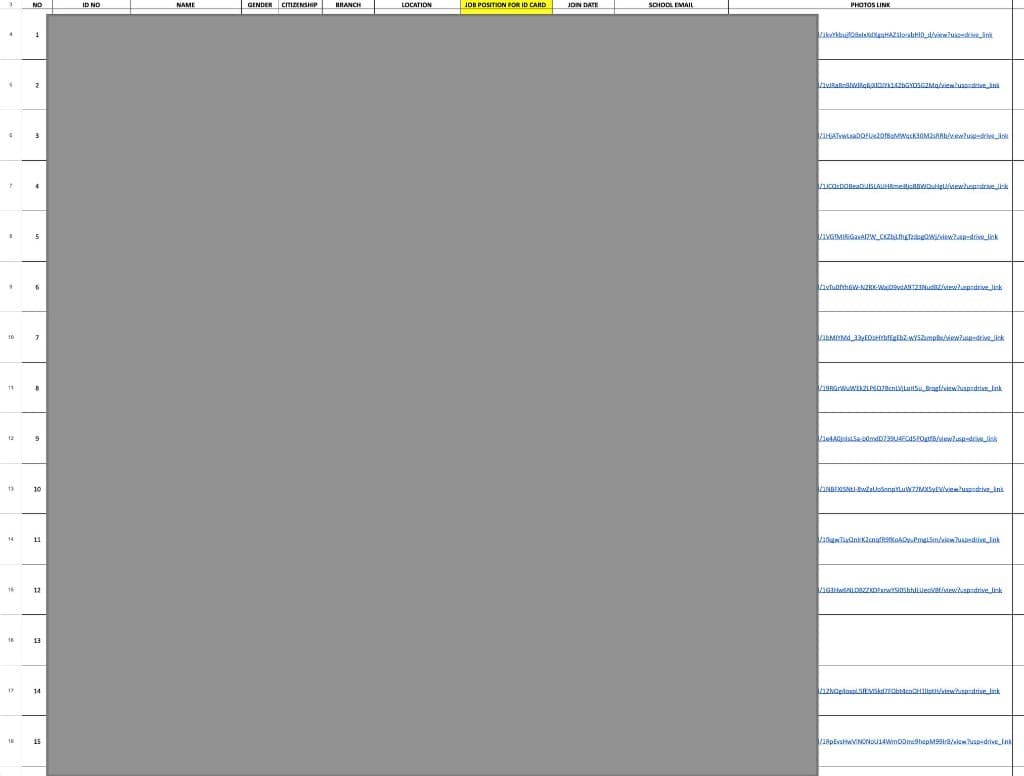 Spreadsheet input with photo links ready for automated Google Drive download