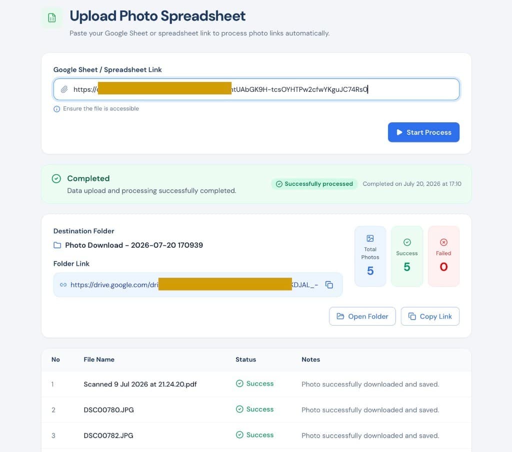 Upload Photo Spreadsheet UI — paste sheet link and process photo downloads automatically
