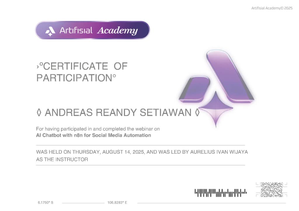 AI Chatbot with n8n for Social Media Automation certificate from Artifisial Academy