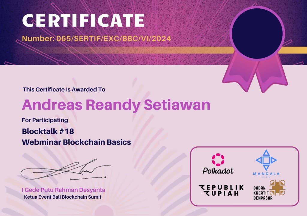 Blockchain Basics Webinar certificate from Blocktalk #18 / Bali Blockchain Summit
