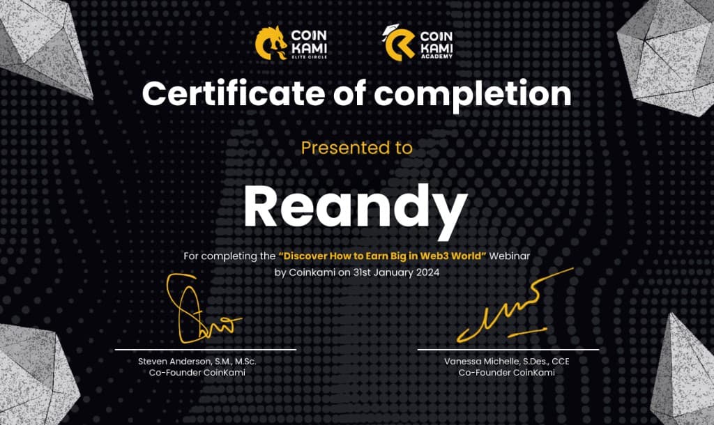 Discover How to Earn Big in Web3 World certificate from Coinkami Academy