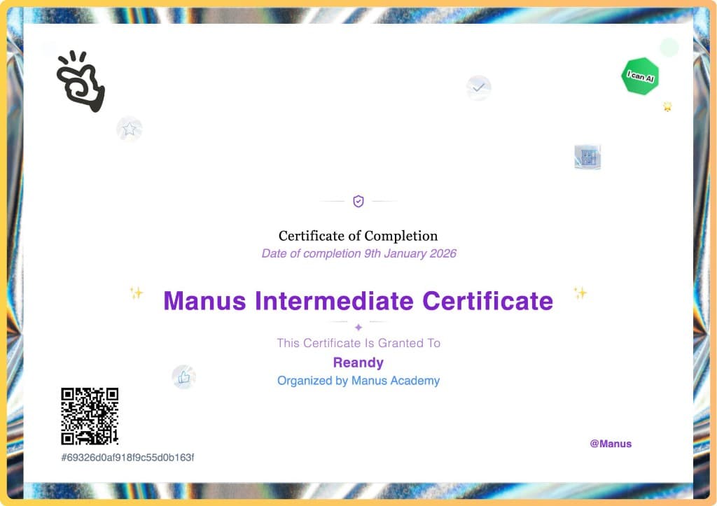 Manus Intermediate Certificate certificate from Manus Academy